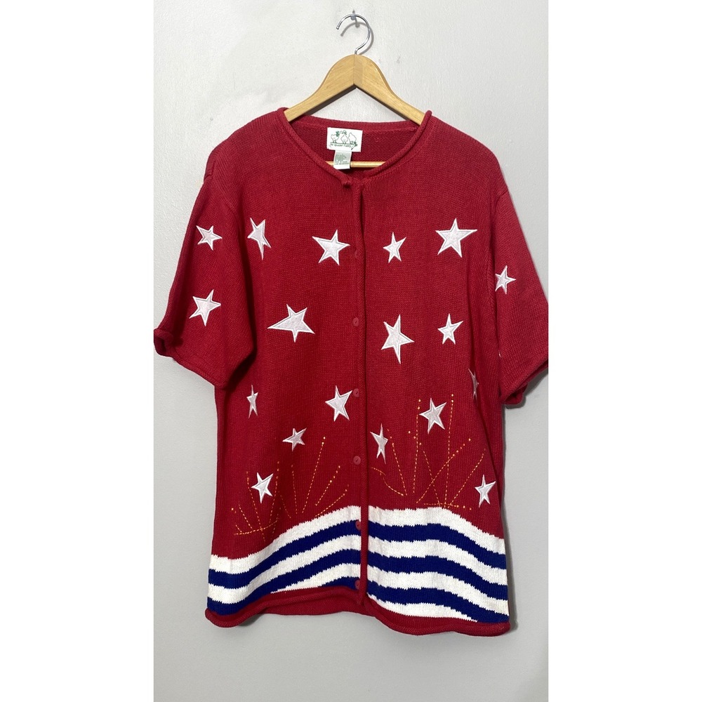 The Quacker Factory Cardigan Women's Sz L  Red American Flag Stars Stripes USA
